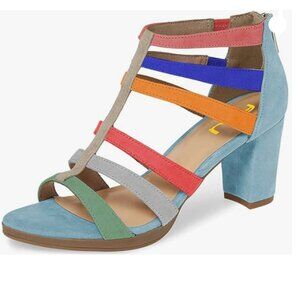 FSJ Multi Blue Chunky High Heel Sandal Open Toe T-Strap Cutout Dress Zipper Shoe